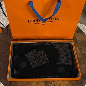 Louis Vuitton Black and Gray checkered cashmere beanie hat, scarf, and gloves!